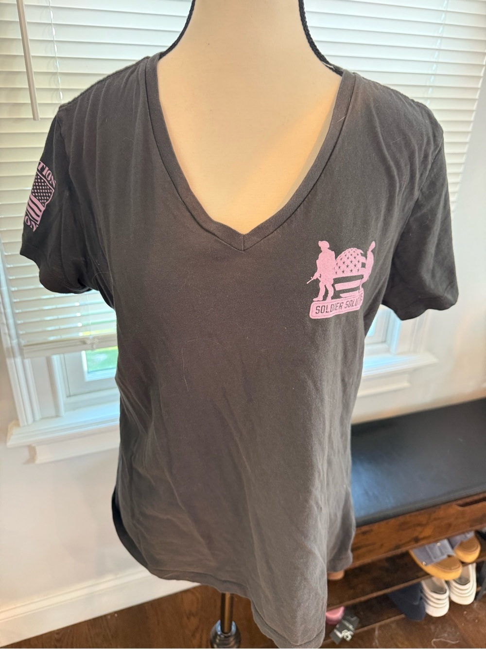 District Operation Companion Grey Short Sleeve V‑Neck Tee with Pink Graphic